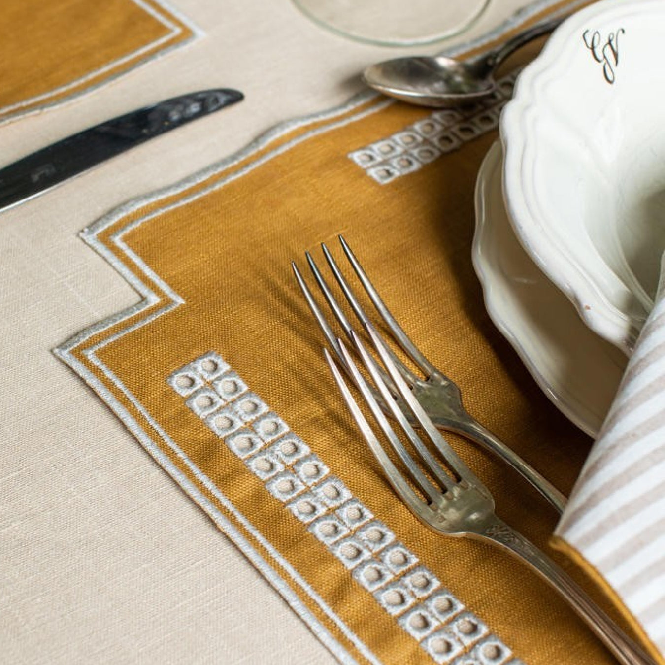 Erica Square Linen Placemat - Curry/Mastice