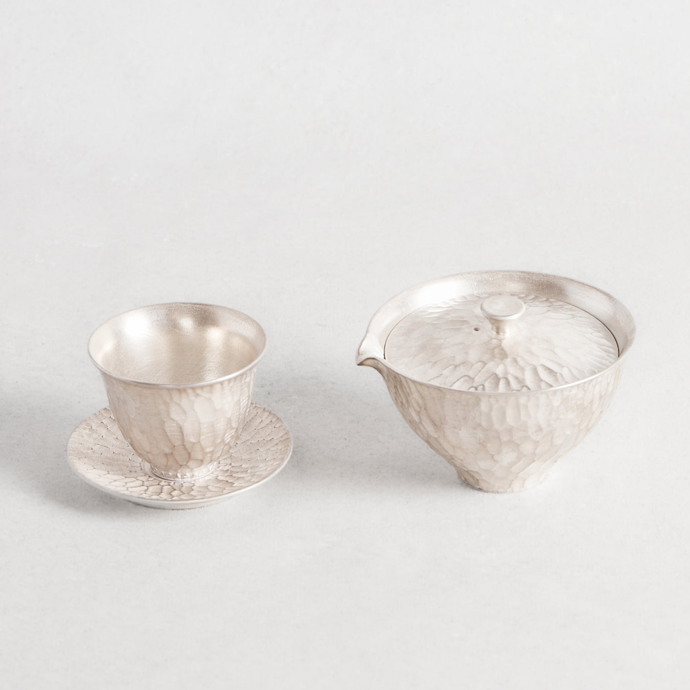 Silver Tsuchime Fuchisori Hobin and Tea Cup