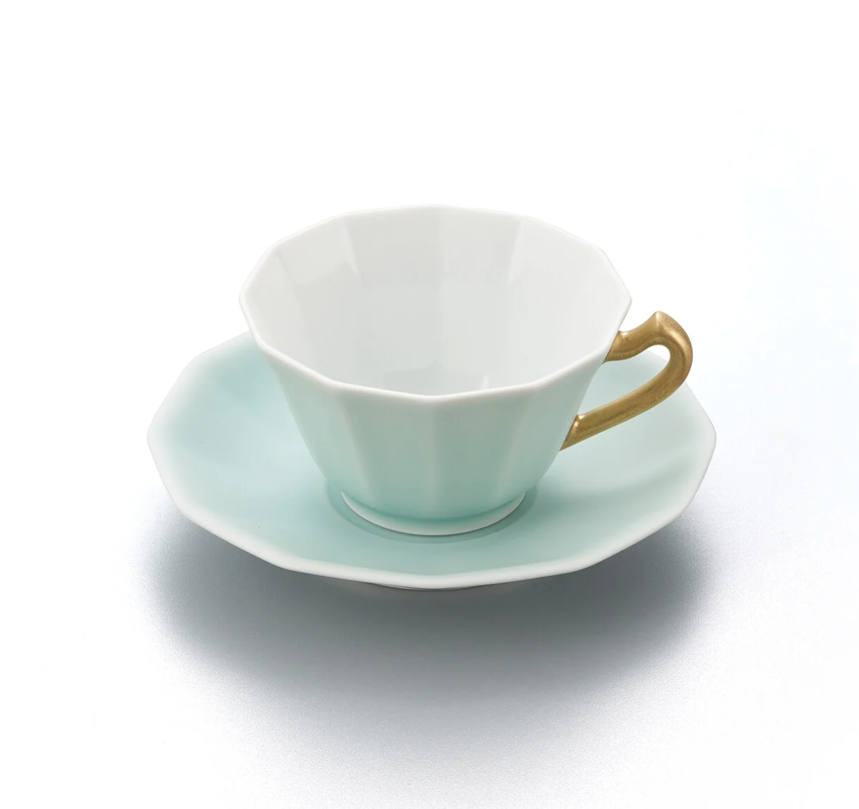 Moist Celadon with Gold 12-Sided Coffee Cup and Saucer