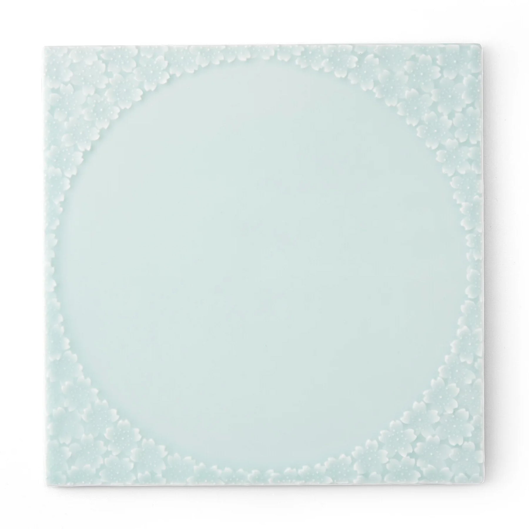 Moist Celadon Cherry Blossom Carved Square Plate